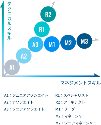 ジュニアアソシエイトからアソシエイト、シニアアソシエイトへ、テクニカルスキルが上がるスペシャリスト、アーキテクトになるかマネジメントスキルが上がるリーダー、マネージャー、シニアマネージャーのどちらかのキャリアに進むことになる